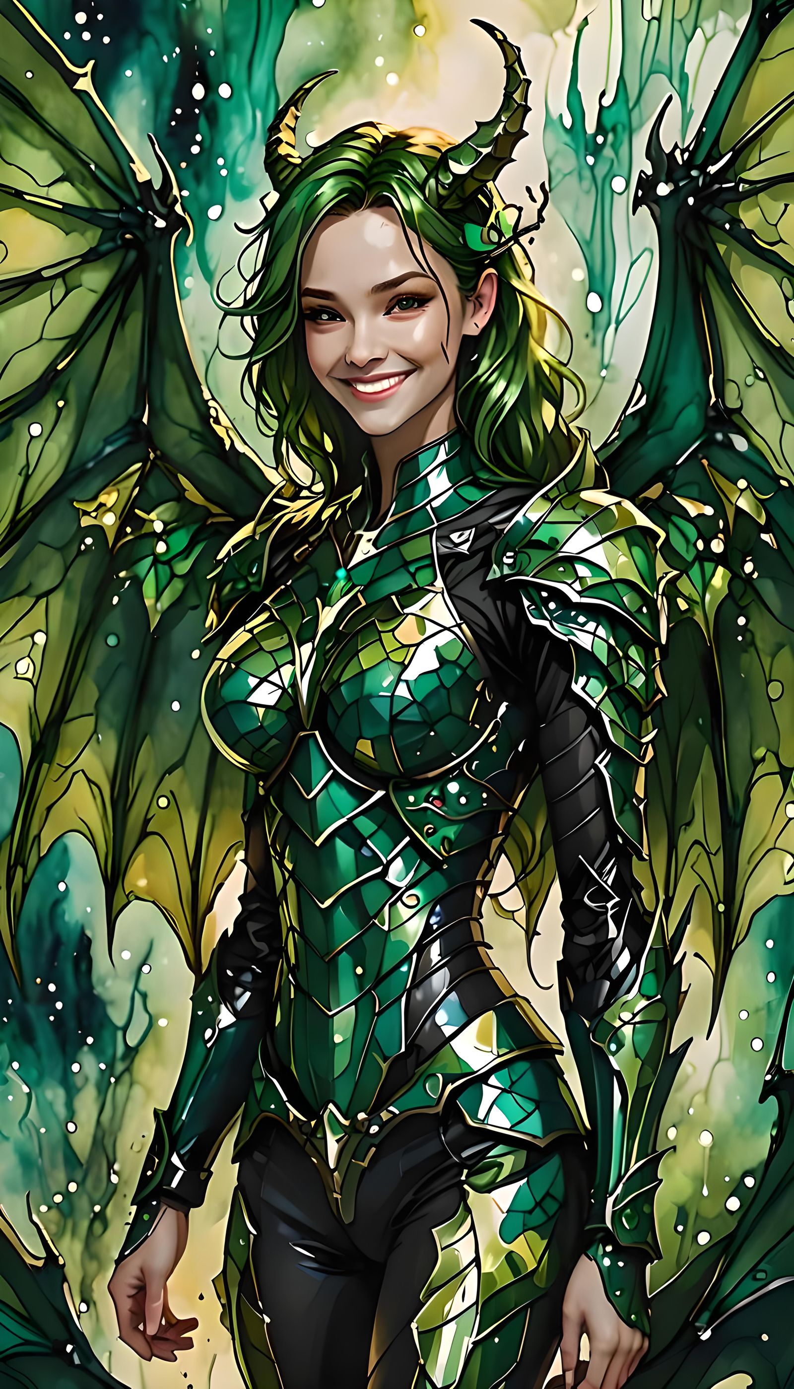 Green Metal Earth-Angel with Dragon Features in Alcohol Ink