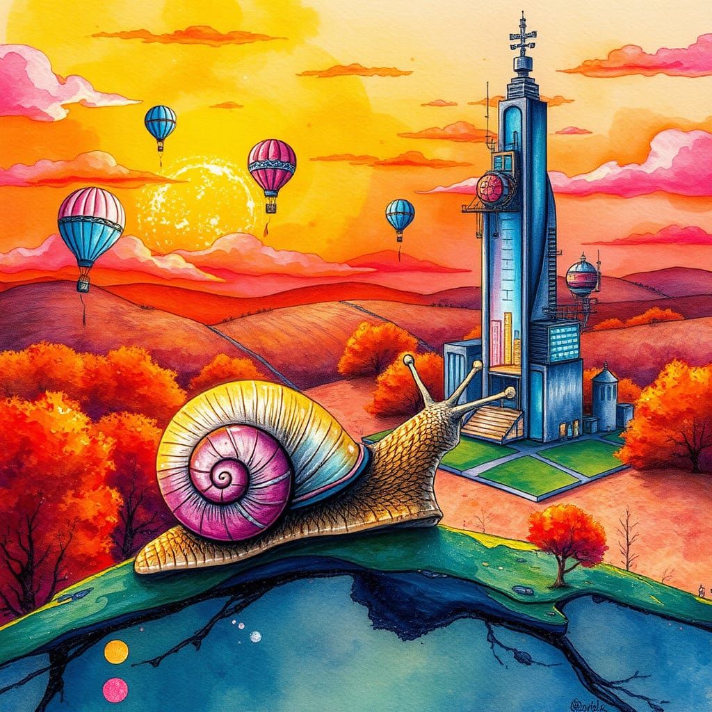Curious Snail in Abstract Autumn Landscape