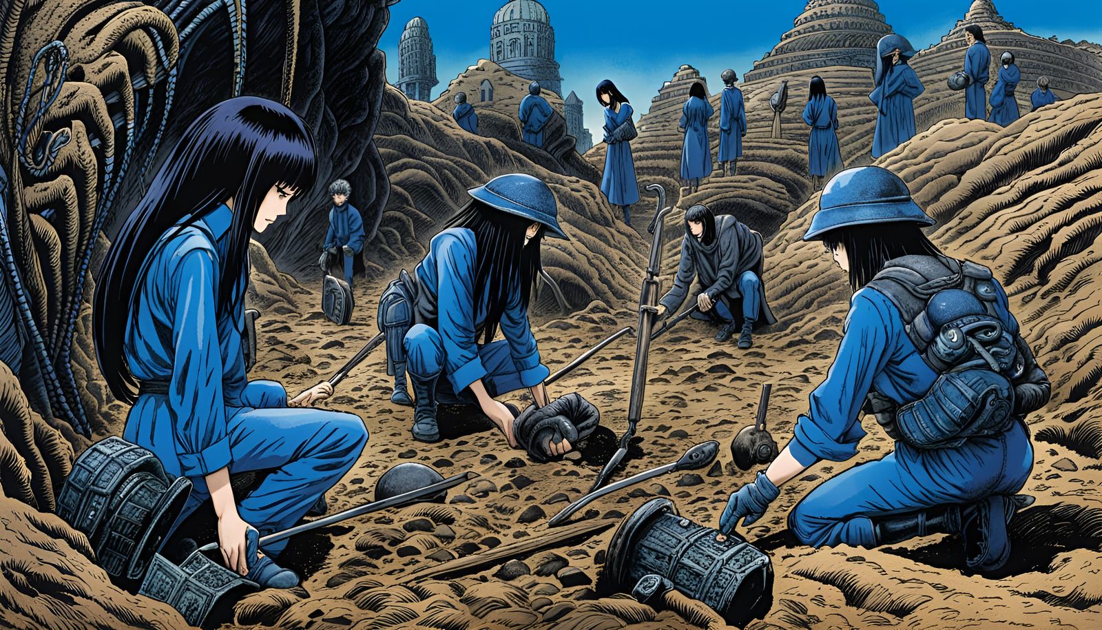 Archaeological Dig Site in Junji Ito Manga Style