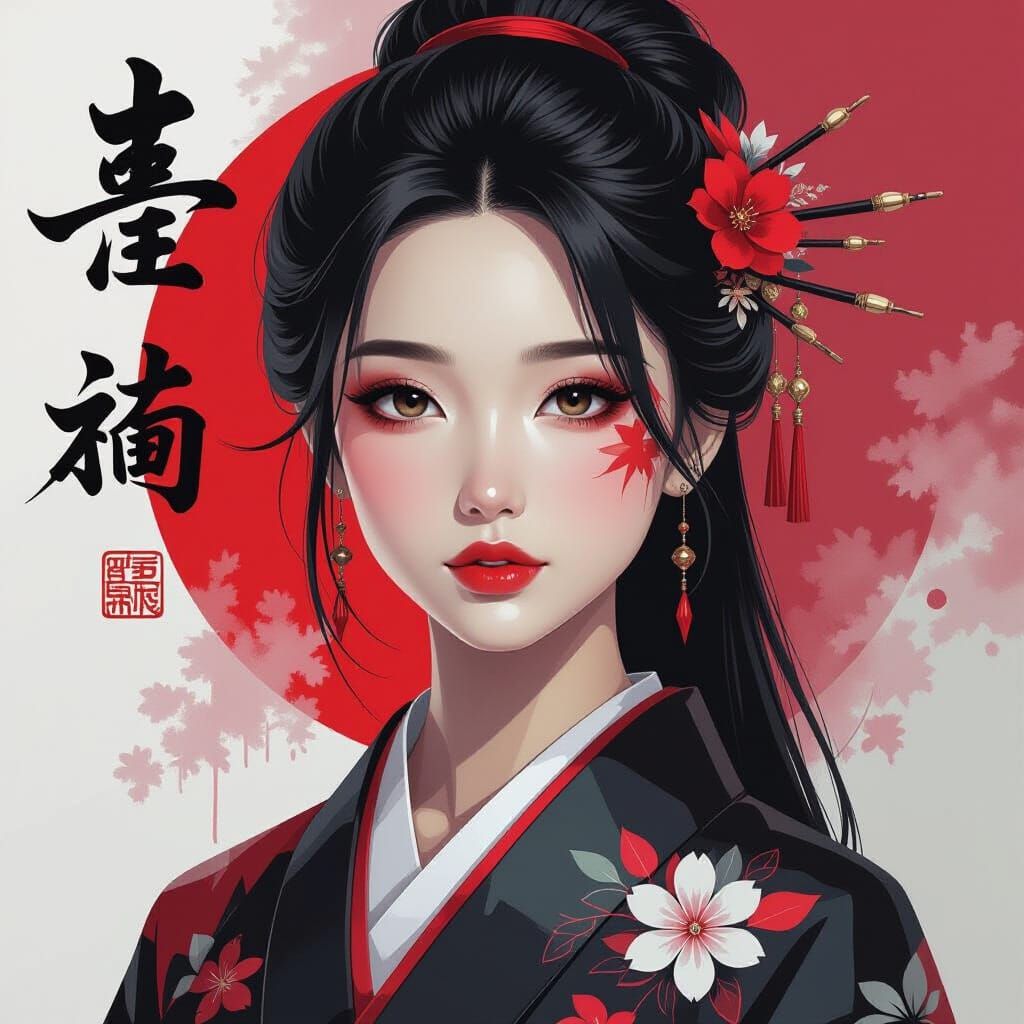 Young Asian Woman in Mixed Media Art Style