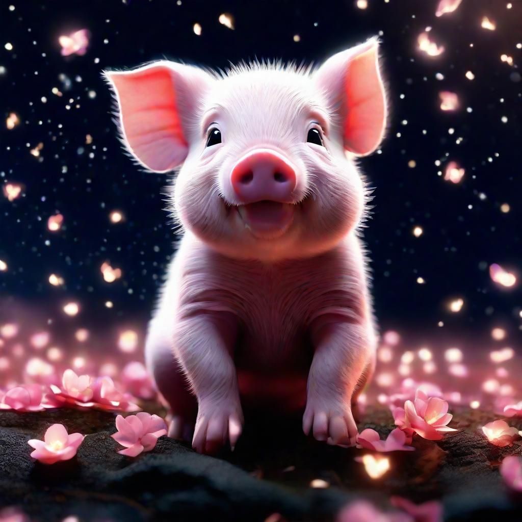 Adorable Piglet with Fireflies, Digital Art