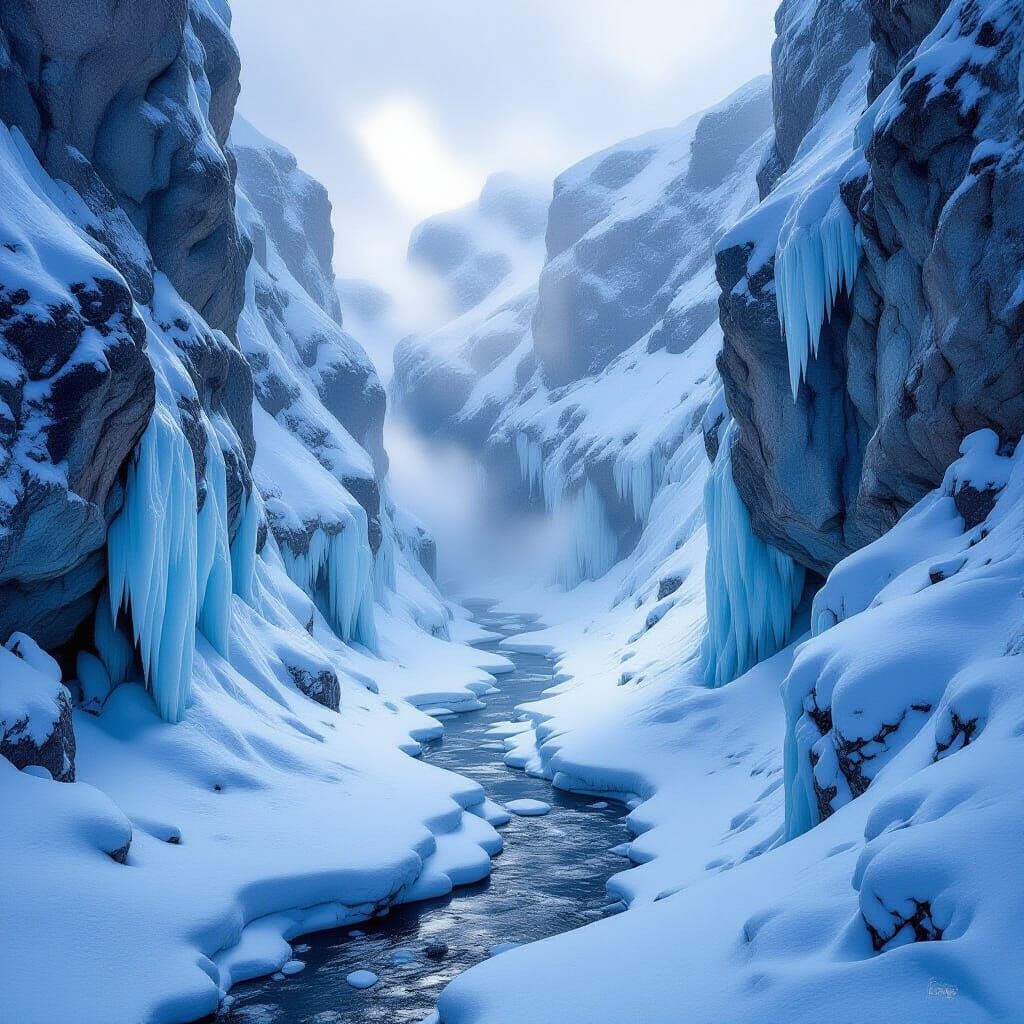 Majestic Winter Canyon Landscape with Frozen River