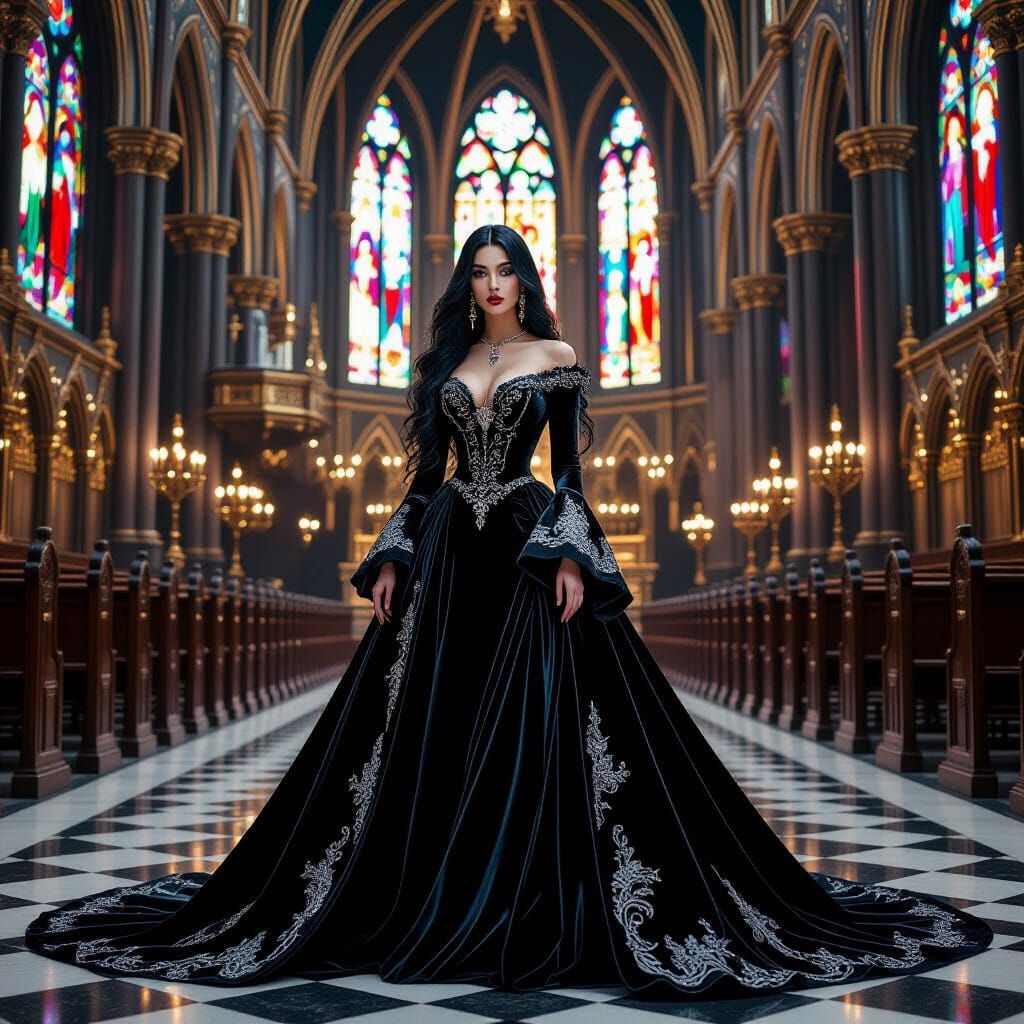 Gothic Woman in Cathedral, Cinematic Lighting
