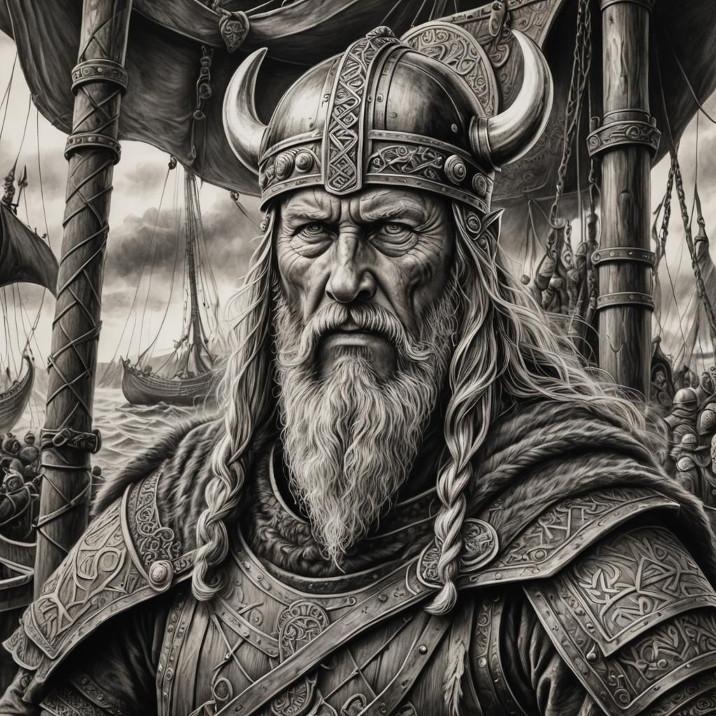 Viking Warlord Harald Seated on His Ornate Ship