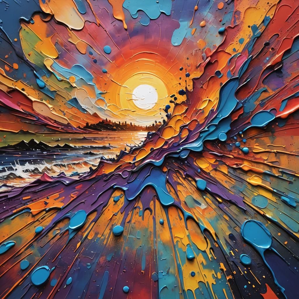 Colorful Sunset Impasto Painting with Graffiti Elements