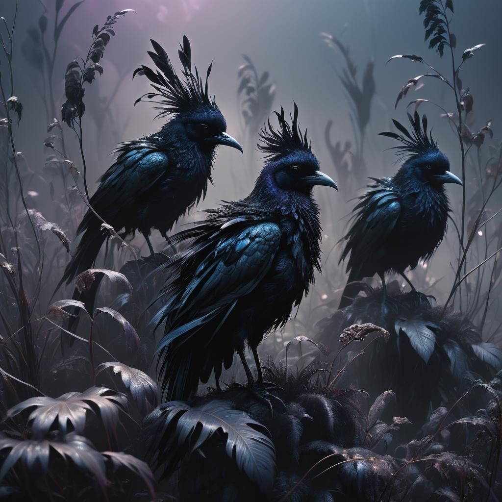 Dark Surrealism: Black Creatures in Misty Environment