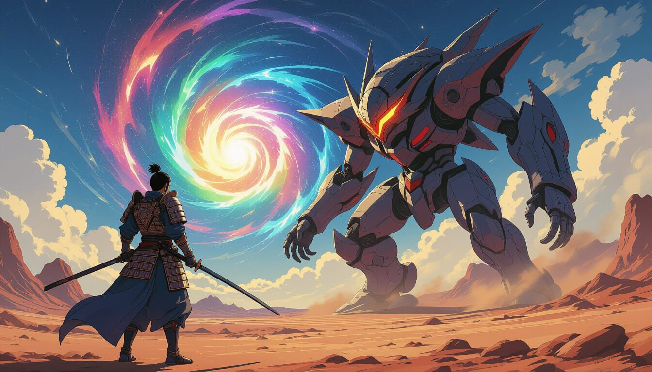 Samurai Battles Colossal Alien on Cosmic Planet