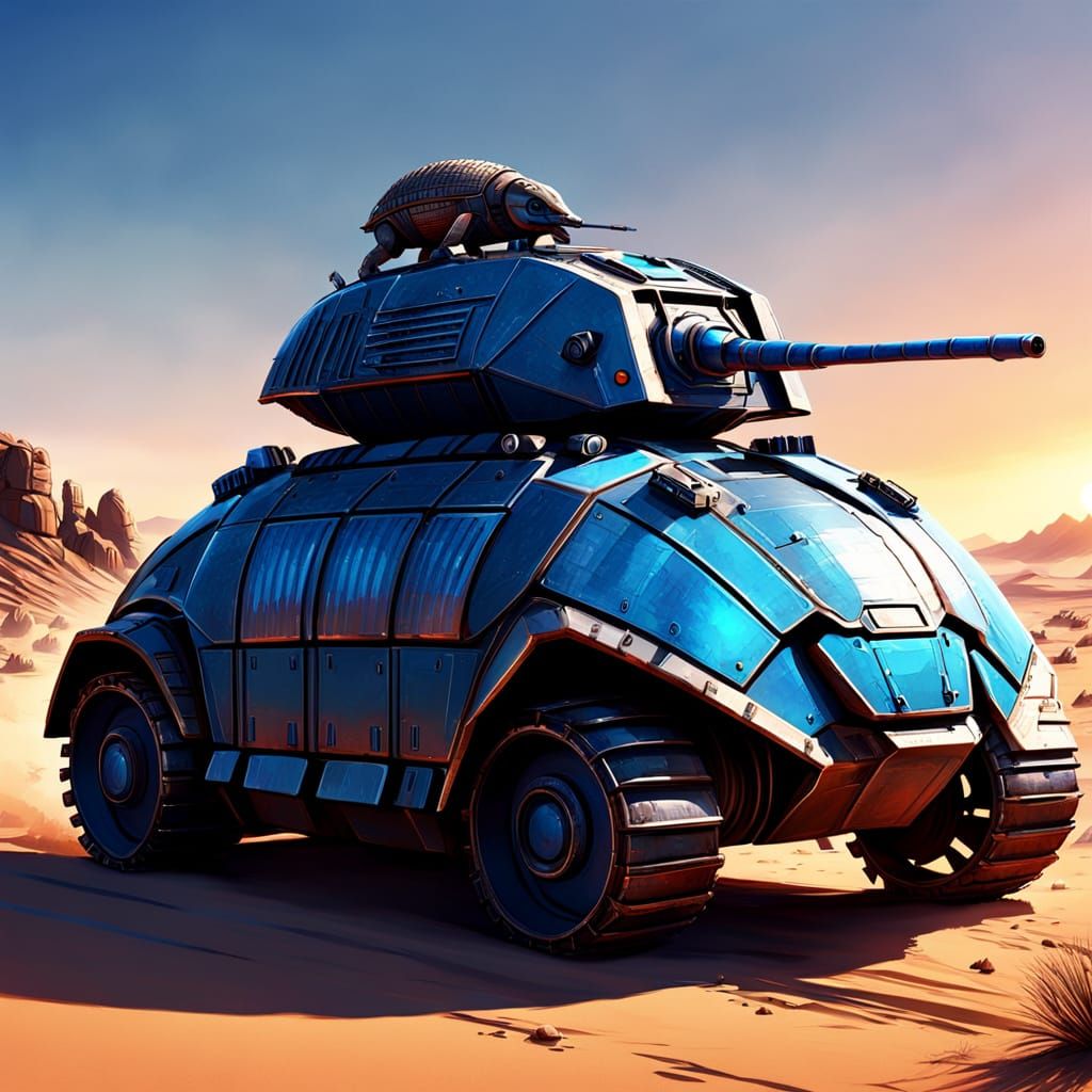 Armadillo Rides Tank in Sci-Fi Desert Sunset