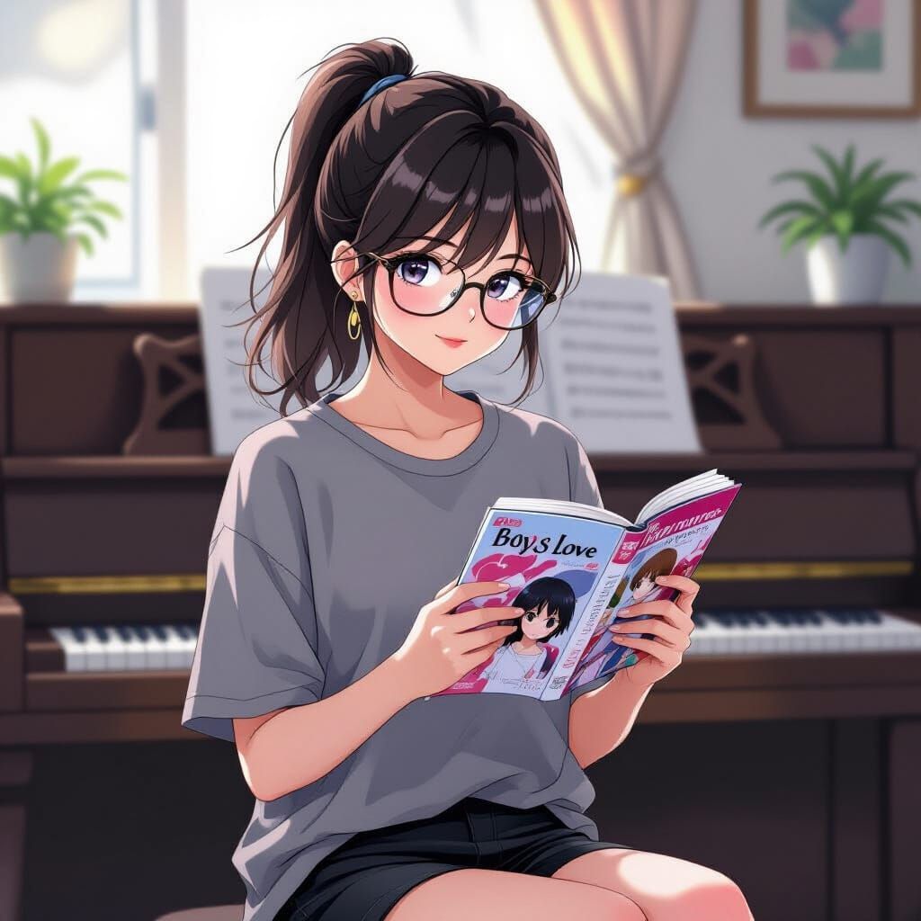Anime Girl with Manga, Flute and Piano