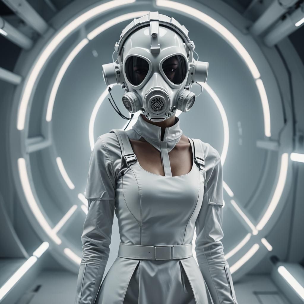 Futuristic Woman with Gas Mask in Neon Light