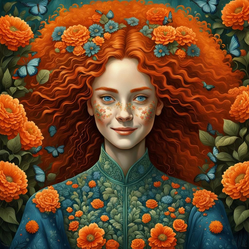 Smiling Redhead in Floral Dress, Fantasy Art