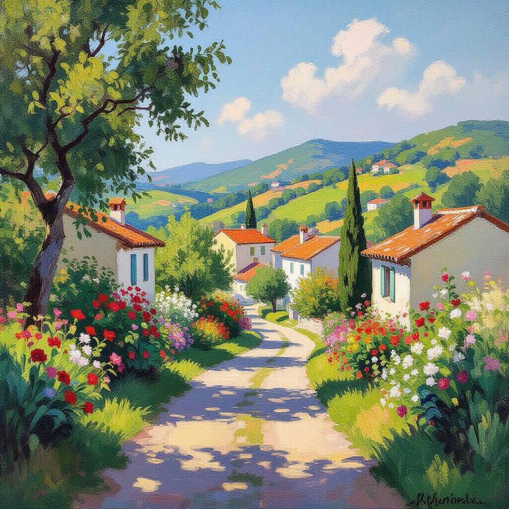Idyllic Village Scene in Impressionist Style