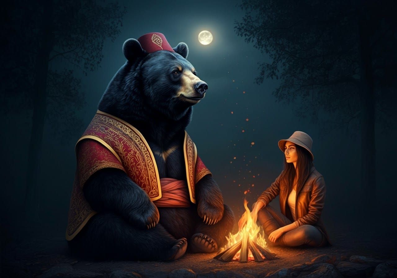 Bear in Ottoman Vest by Campfire, Digital Painting