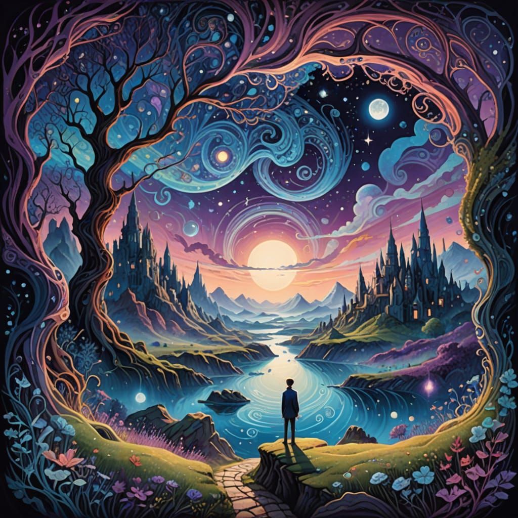 Dreamlike Inner World Illustration in Antique Etching Style