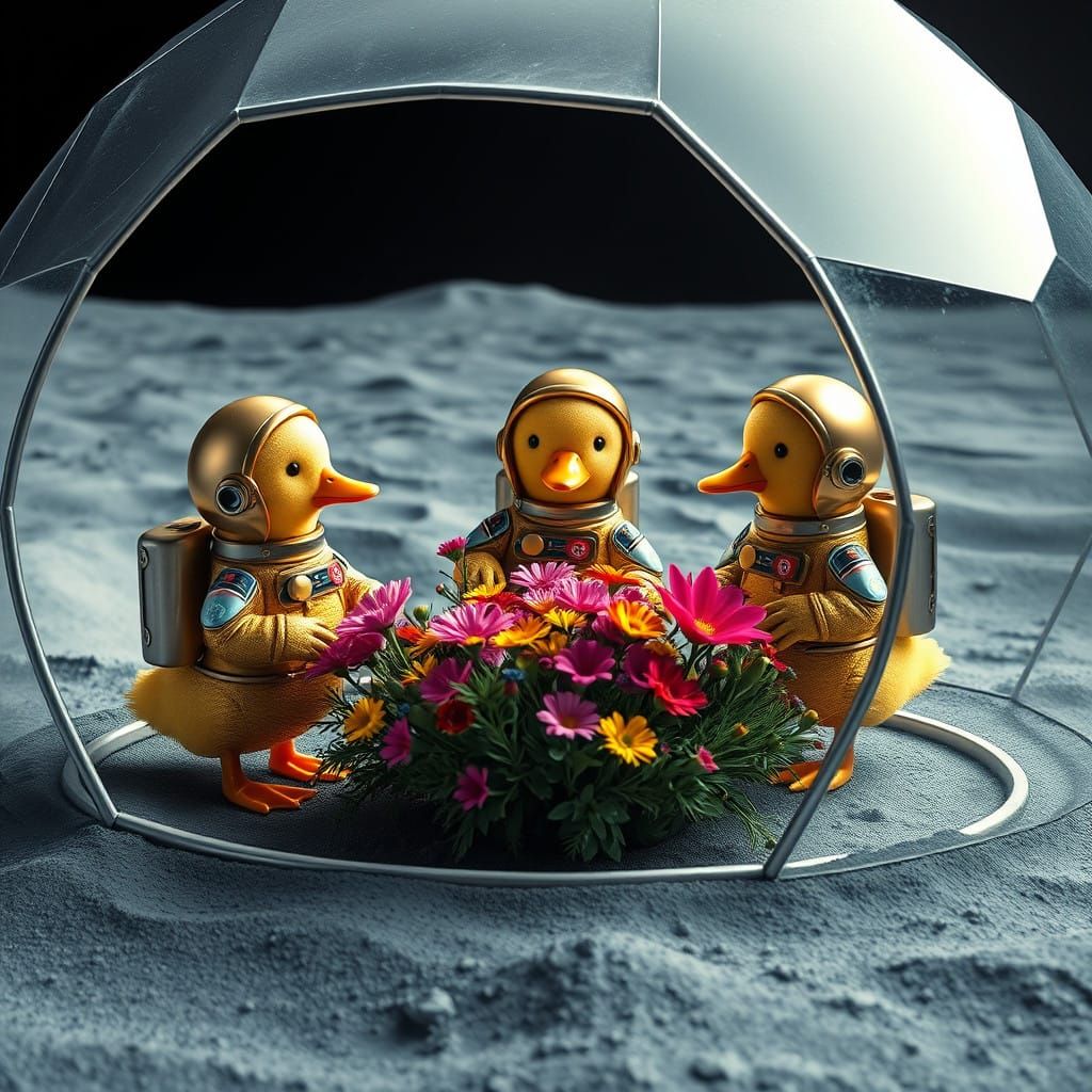 Ducks in Shiny Spacesuits Tend to Vibrant Flowers in a Geode...