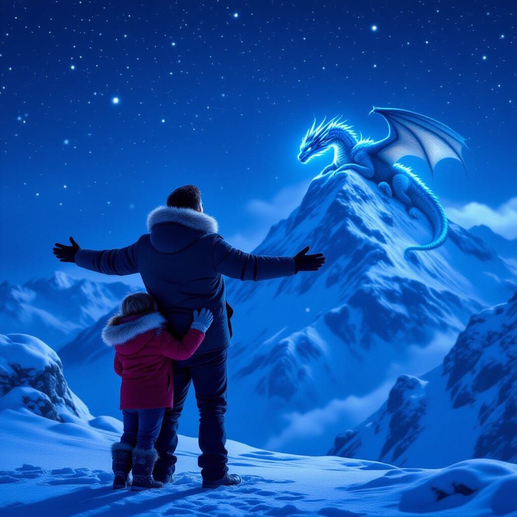 Father Shields Child From Dragon in Winter Landscape