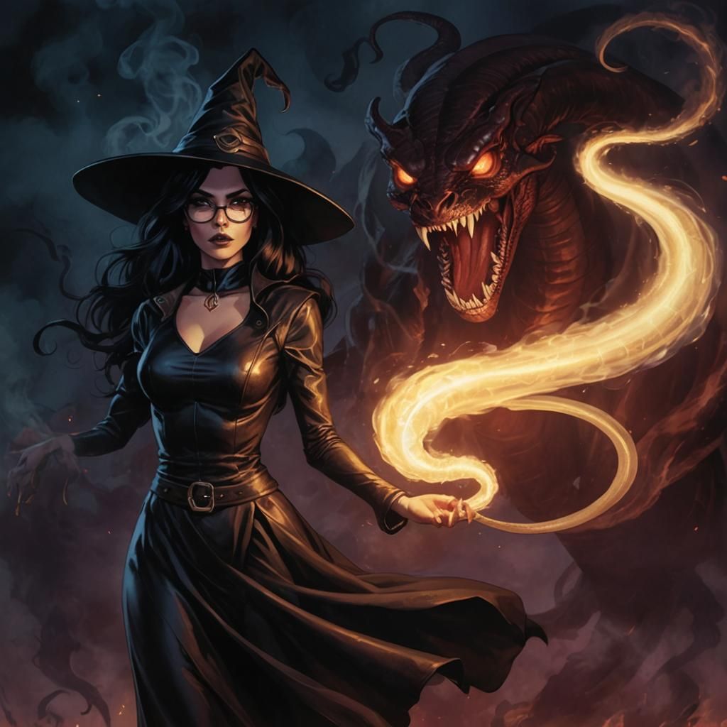 Comic Book Witch Casting Smoke Snake Spell