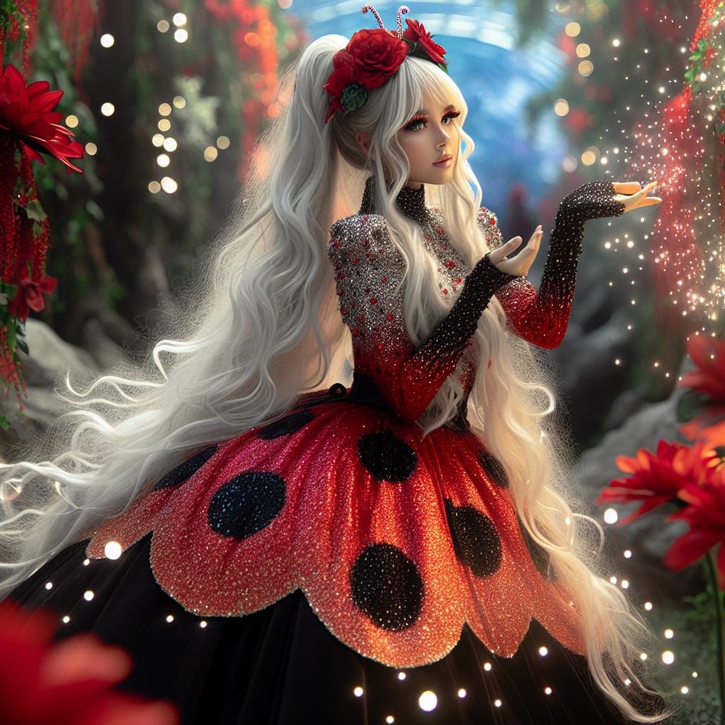 Enchanting Elf Woman in Ladybug Dress