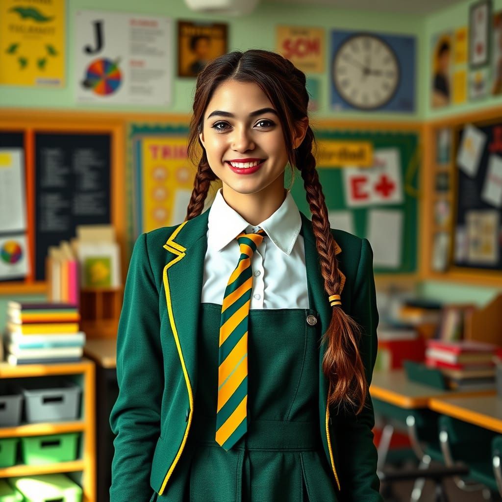 Vibrant Schoolgirl in a Hyperrealistic Classroom Setting