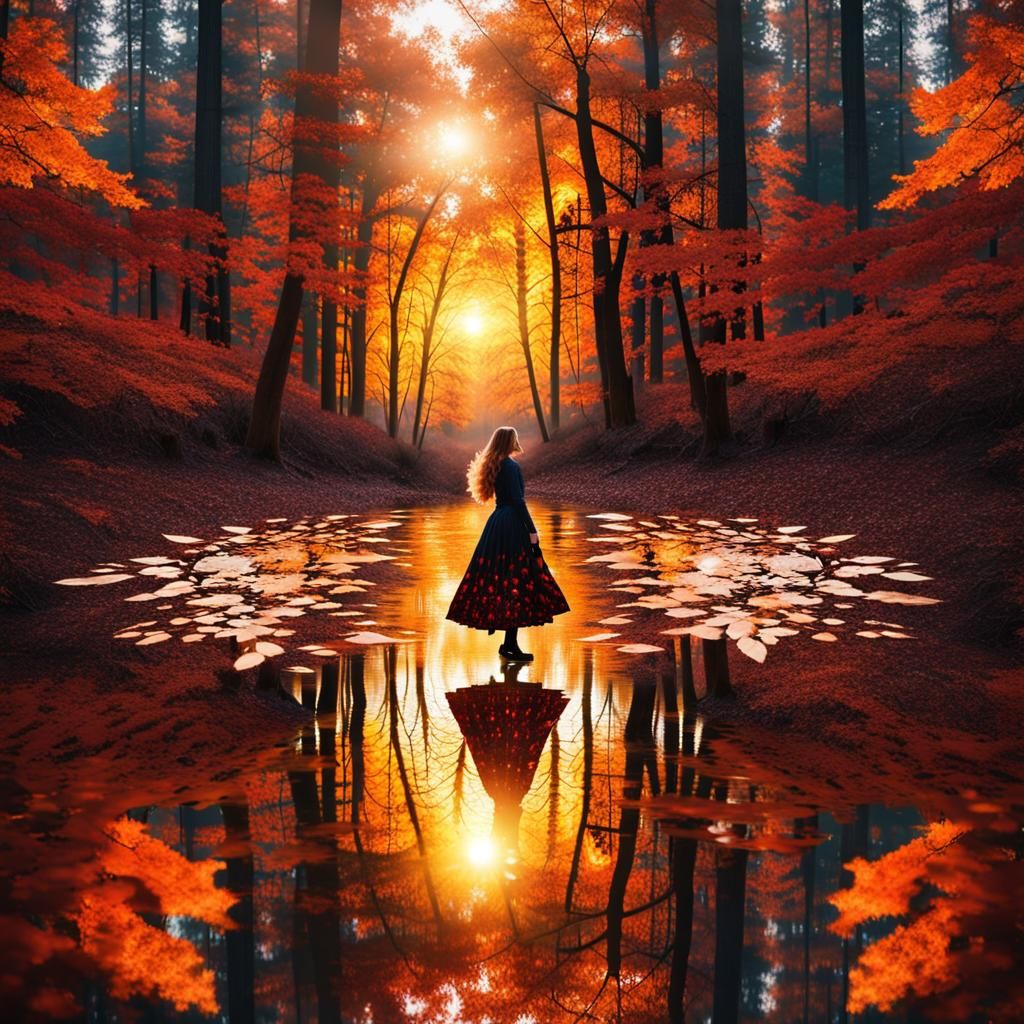 Powerful Angel Silhouette in Autumn Forest Sunrise