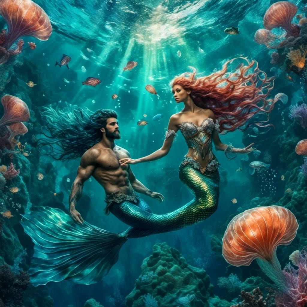 Underwater Mermaid and Merman with Jellyfish