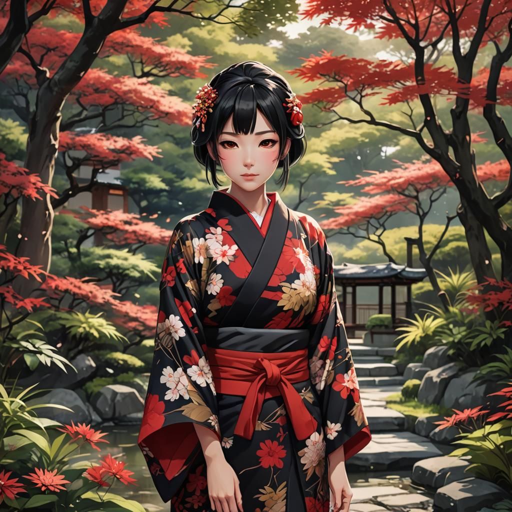 Japanese Girl in Kimono Anime Style