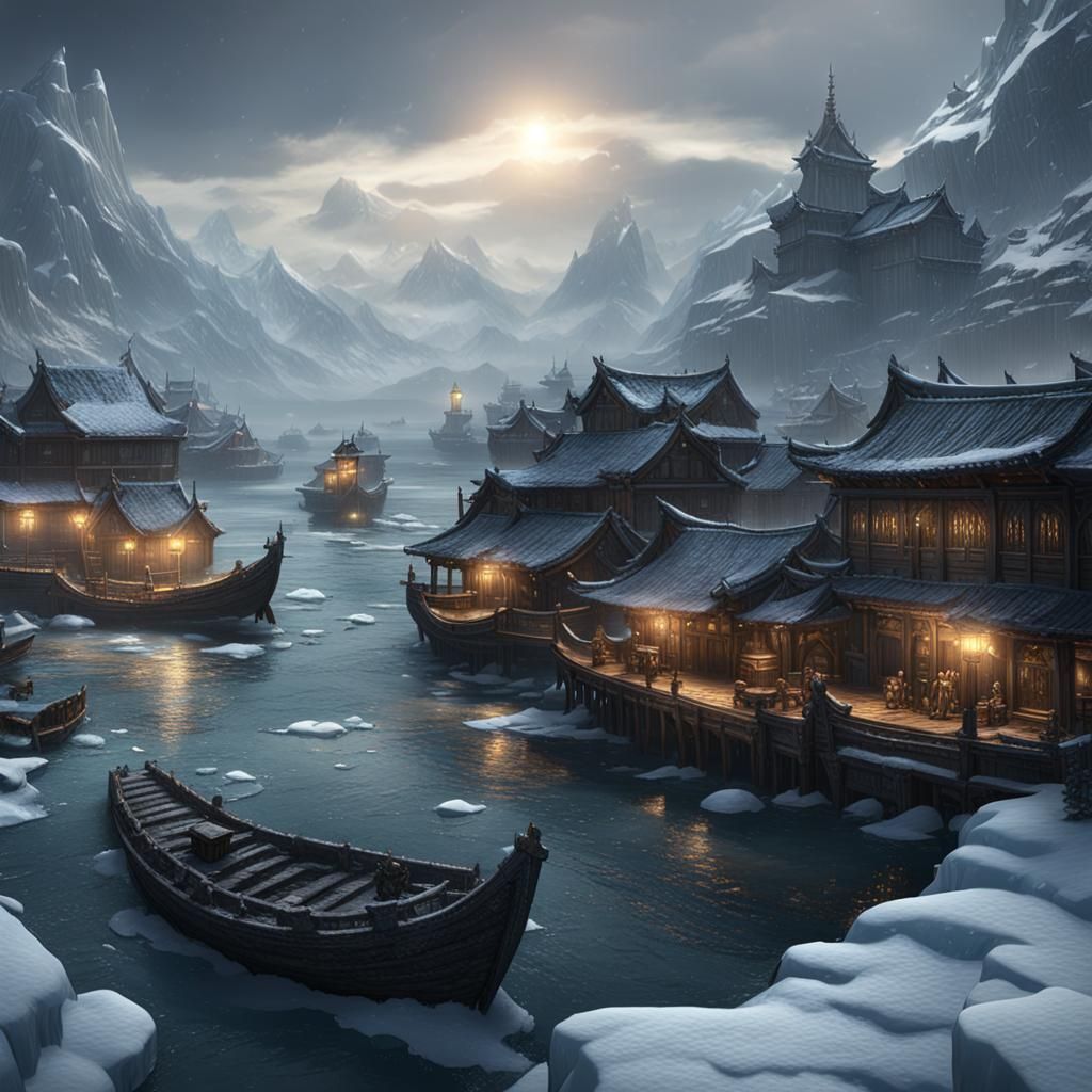 Frozen Medieval Asian Port in Winter