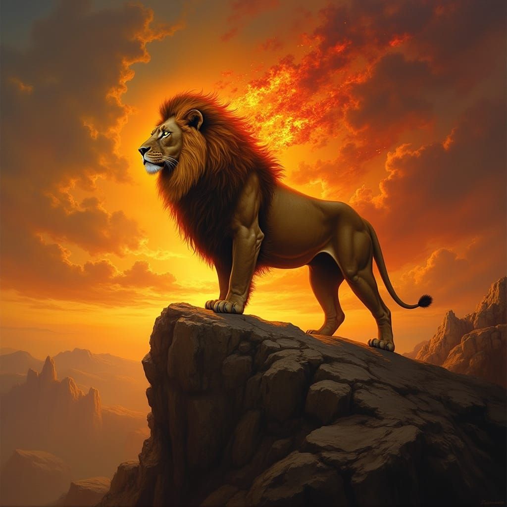Lion of Fiery Splendor at Sunset, in Impasto Oil Painting St...