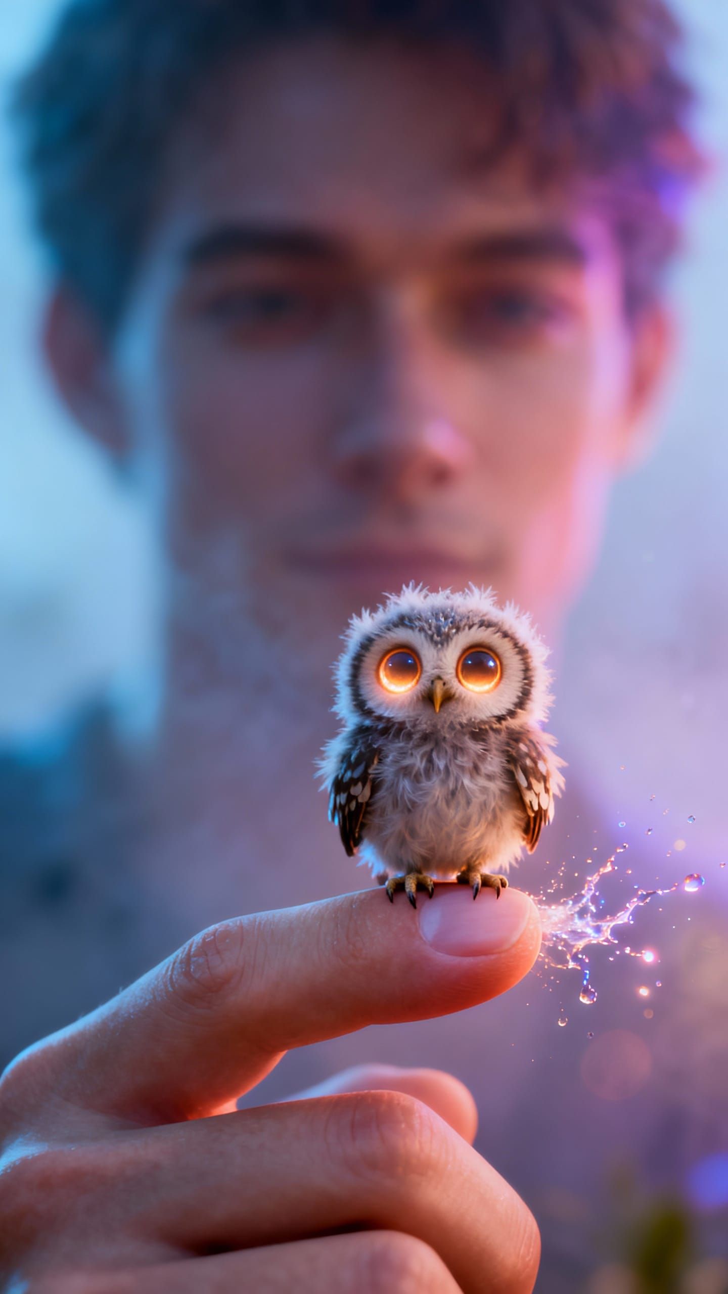 Tiny Baby Owl on Thumb, Macro Photorealistic