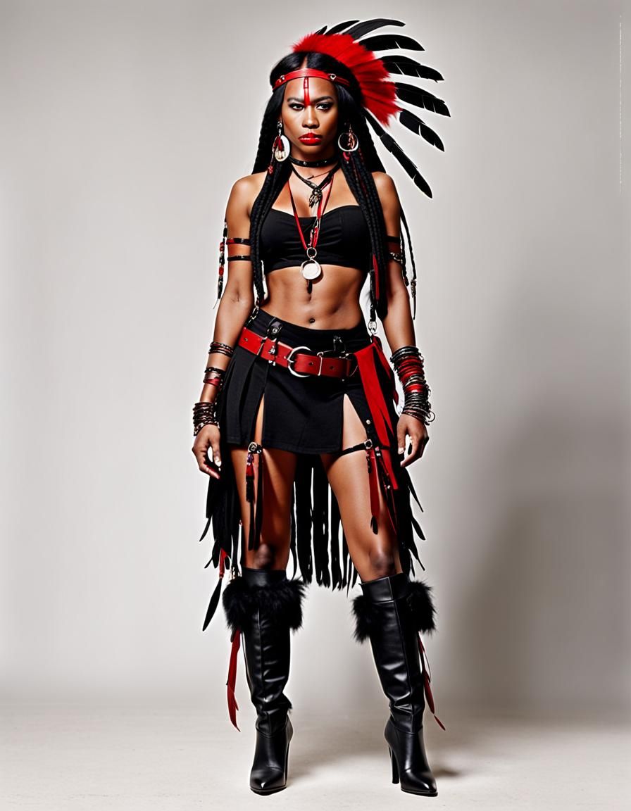 illusion of a indigenous girl in 100 years later, with a red...