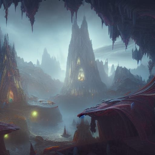 Detailed Pen Fantasy Concept Art in Deep Color