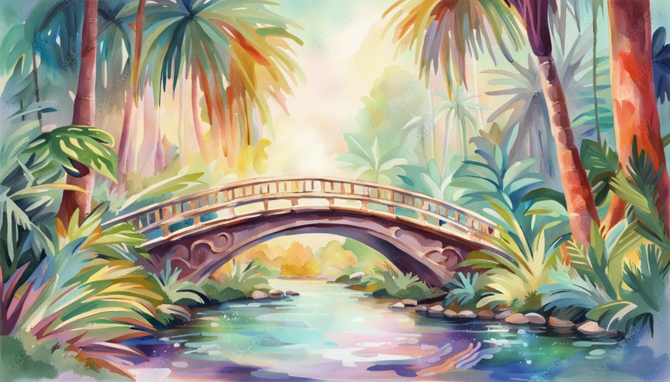 Magical Forest Bridge in Gouache Watercolor Style