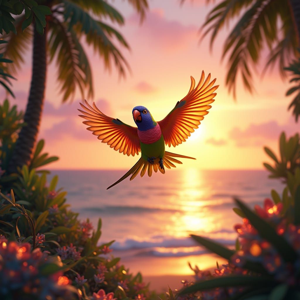 Rainbow Lorikeet in Golden Flight Amidst Vibrant Sunset