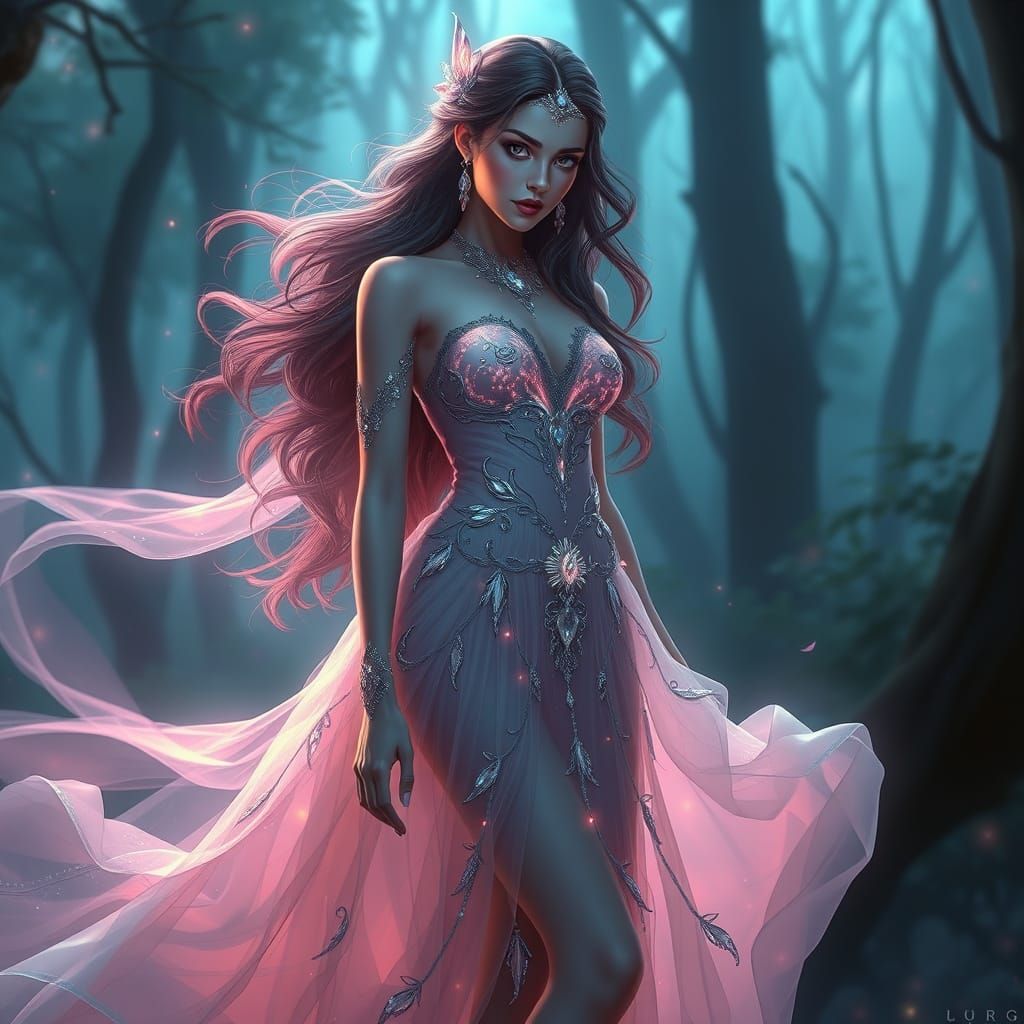 Ethereal Princess in Mystical Forest with Neon Lights