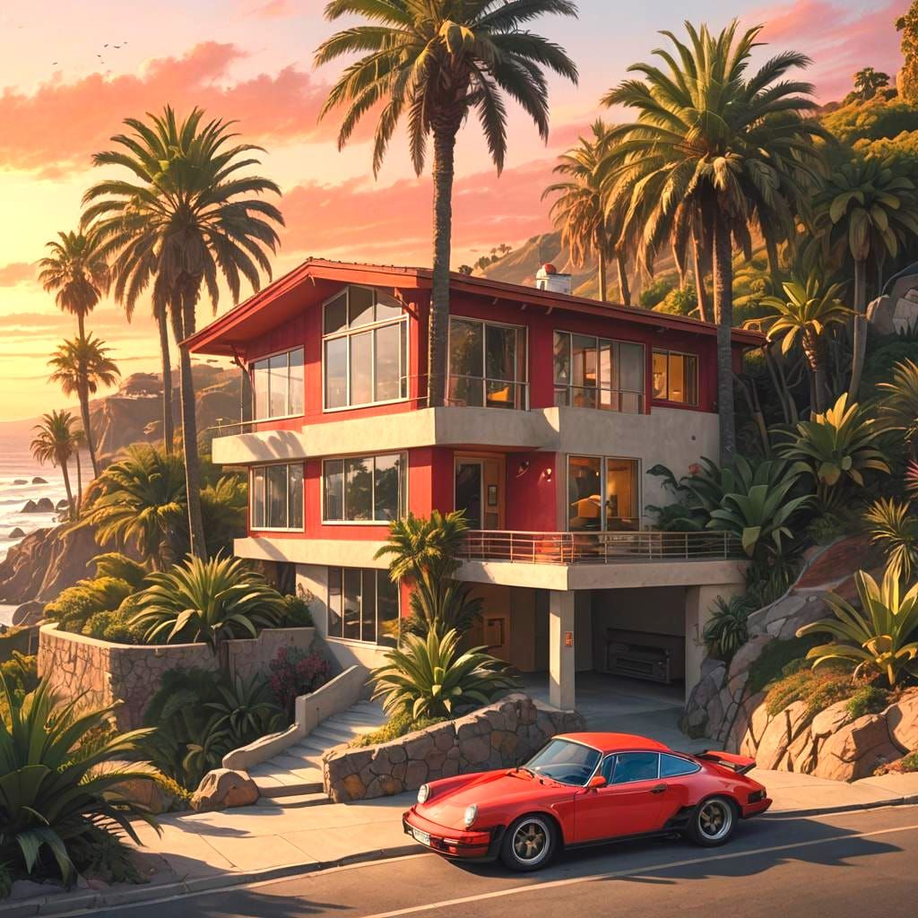 1980s California beach house, cliffside in Malibu, red Porsche parked in the driveway, sunset, palm trees