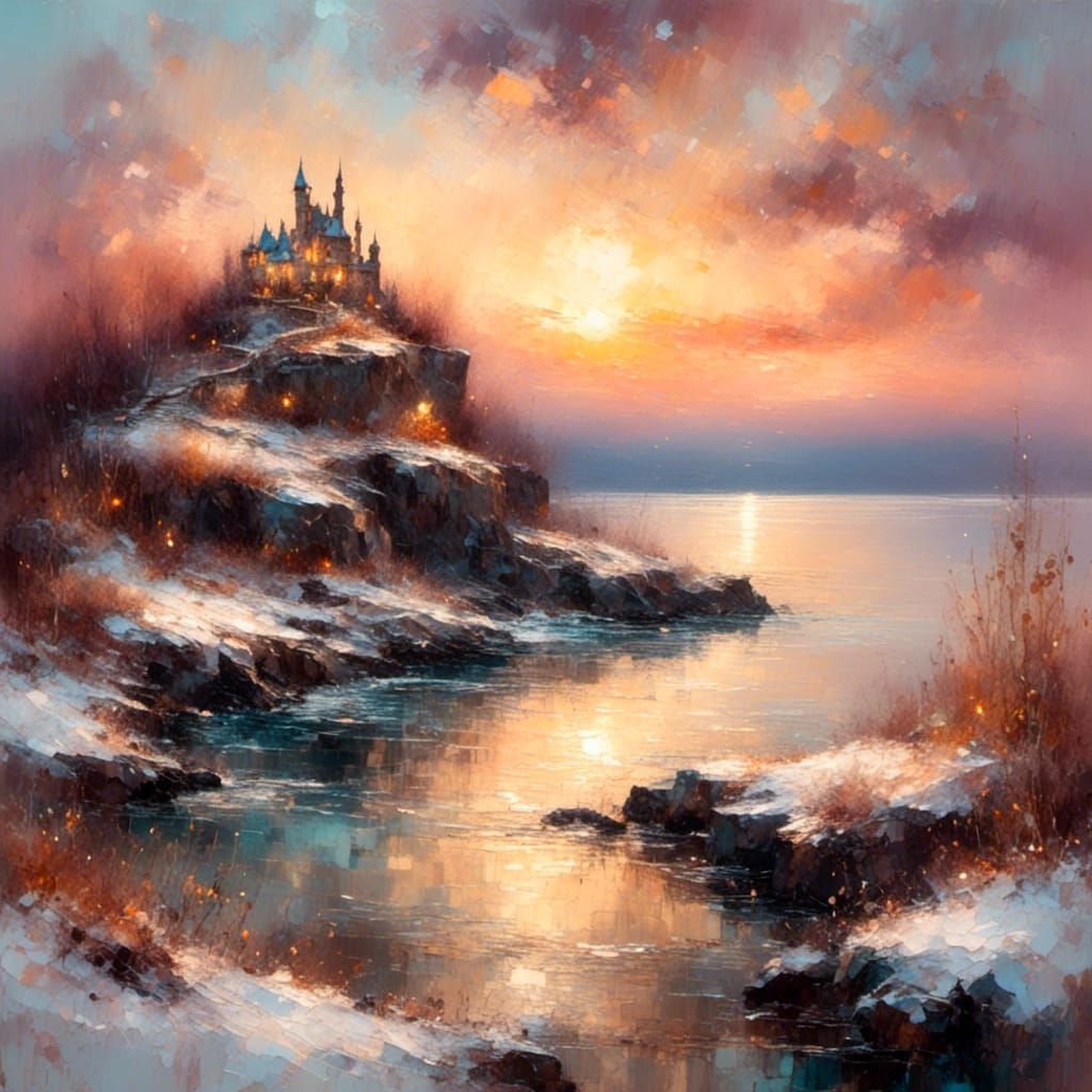 Idyllic Castle Island Landscape in Oil Painting Style