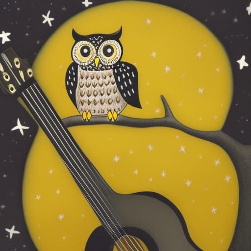 Owl Serenades Stars with Guitar
