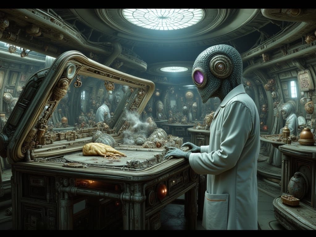 Scientist and Alien Artifacts in Futuristic Lab