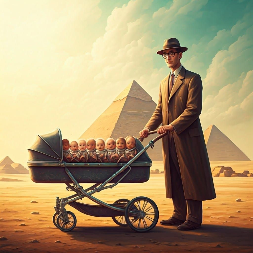 Ancient Egyptian Father Pushes Whimsical Stroller with Cheru...