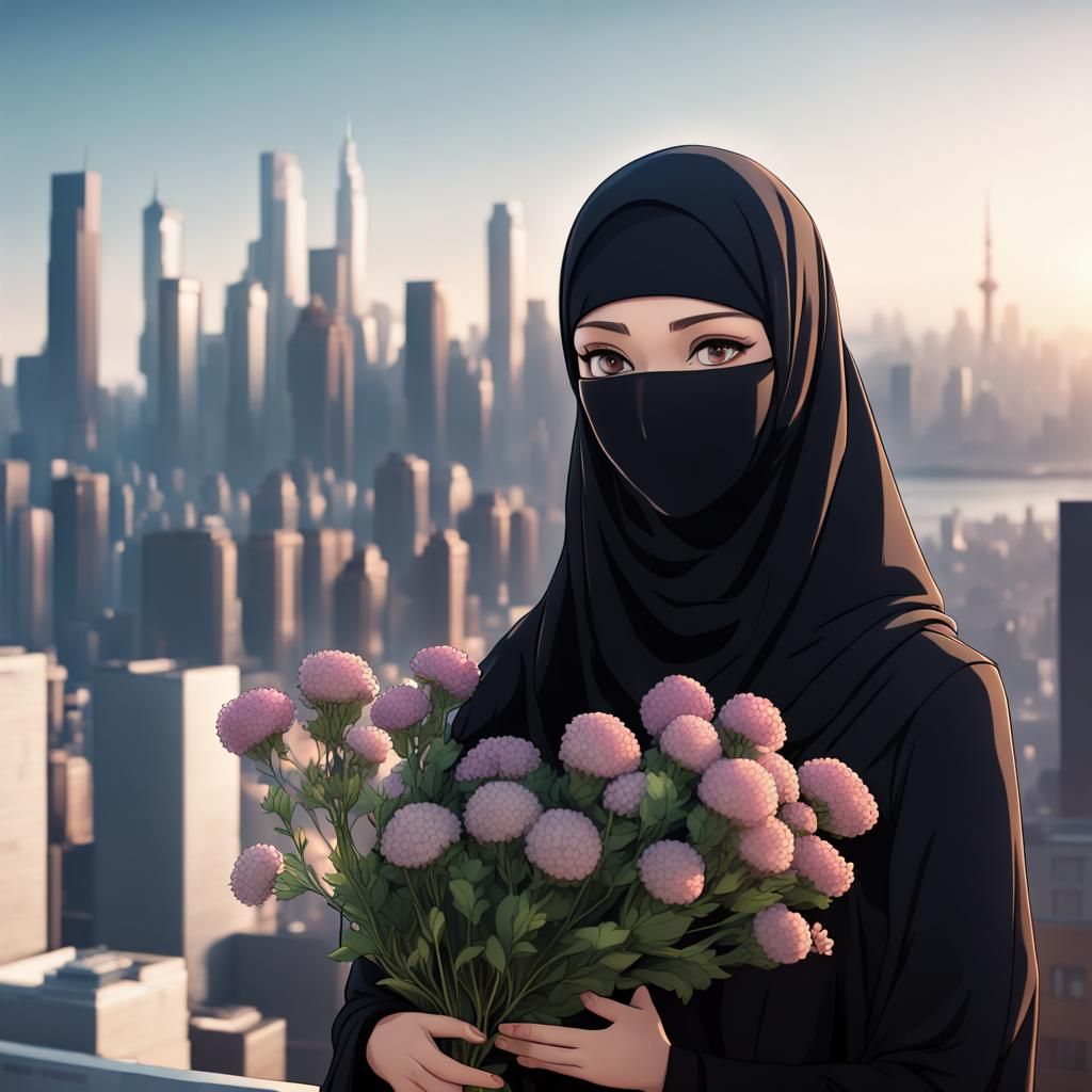 Faceless Muslim Woman with Flower, Anime 3D Animation