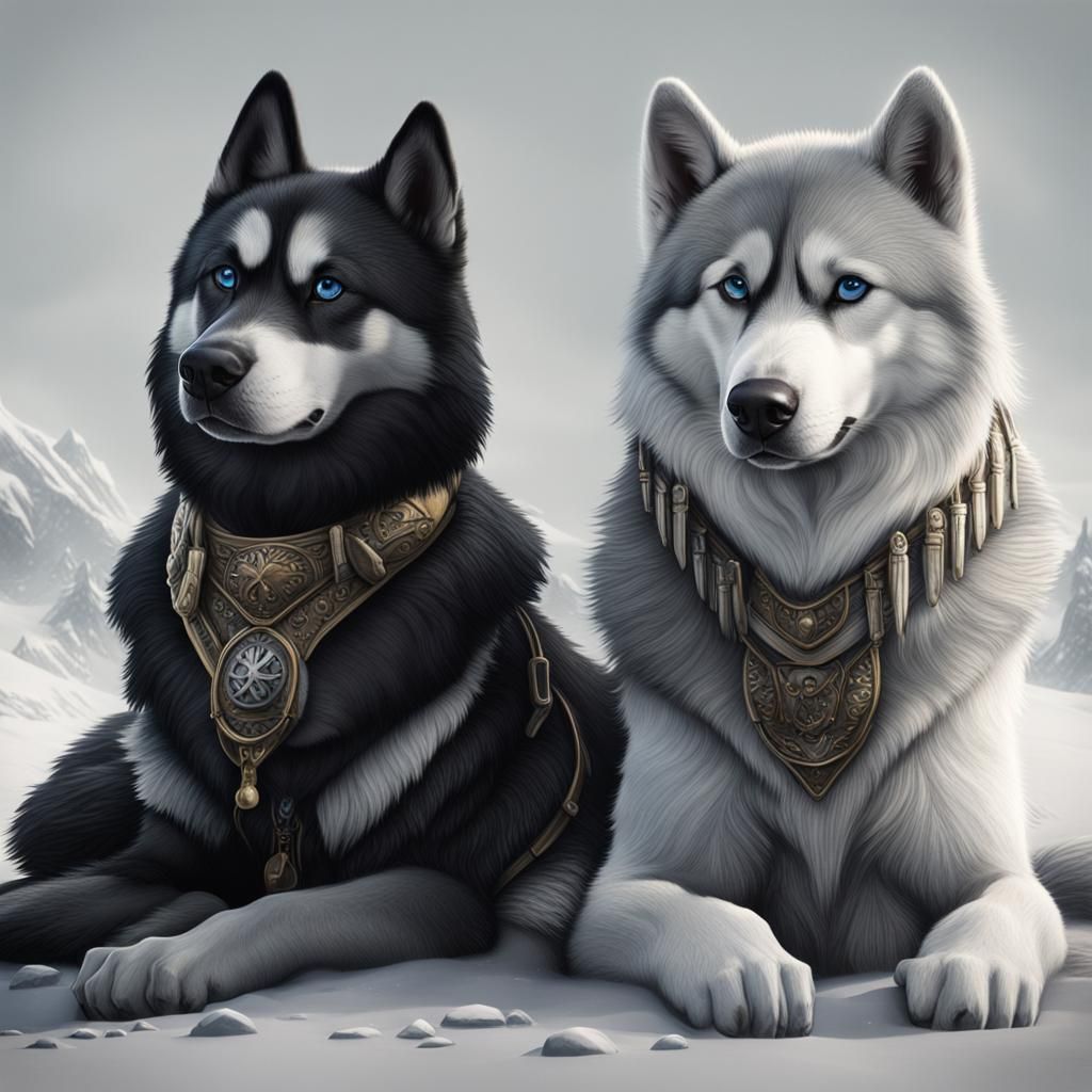 Siberian Husky and Wolf Together: Detailed Matte Painting