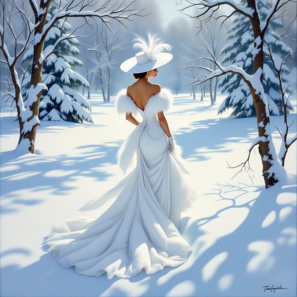 Woman in White Feather Gown in Snowy Art Deco Style