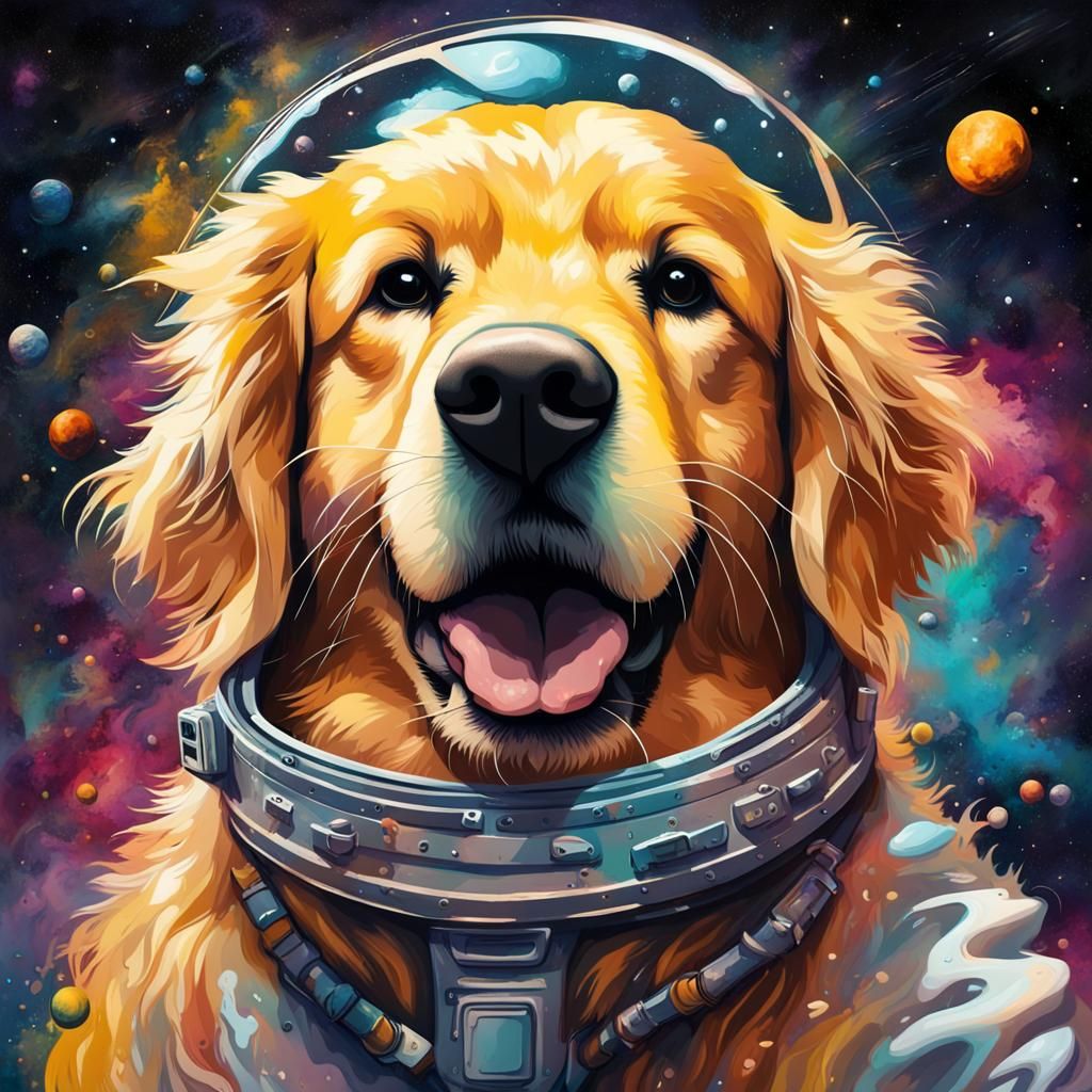 Golden Retriever in Space: Graffiti Art Style