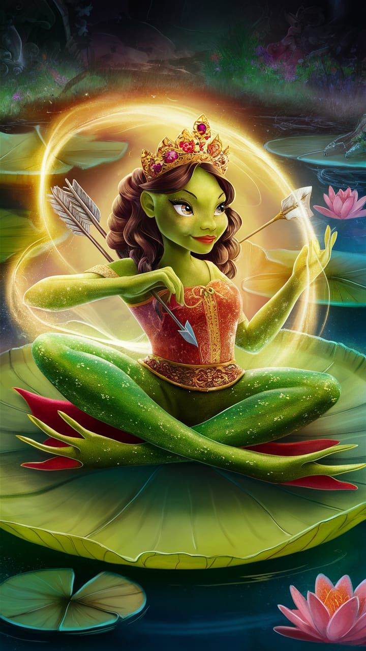 Frog Princess in Russian Fairy Tale Style on Lily Pad