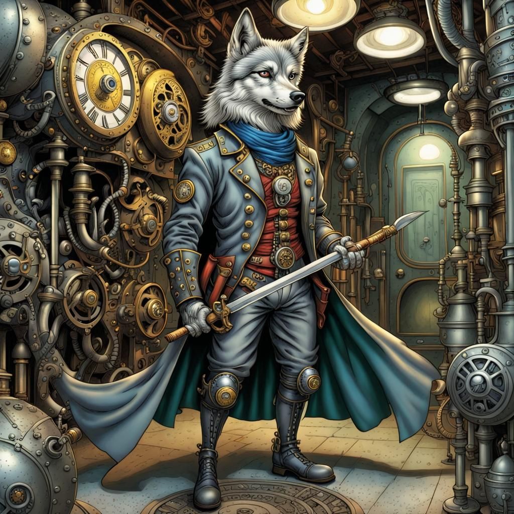 A great gray Steampunk wolf
