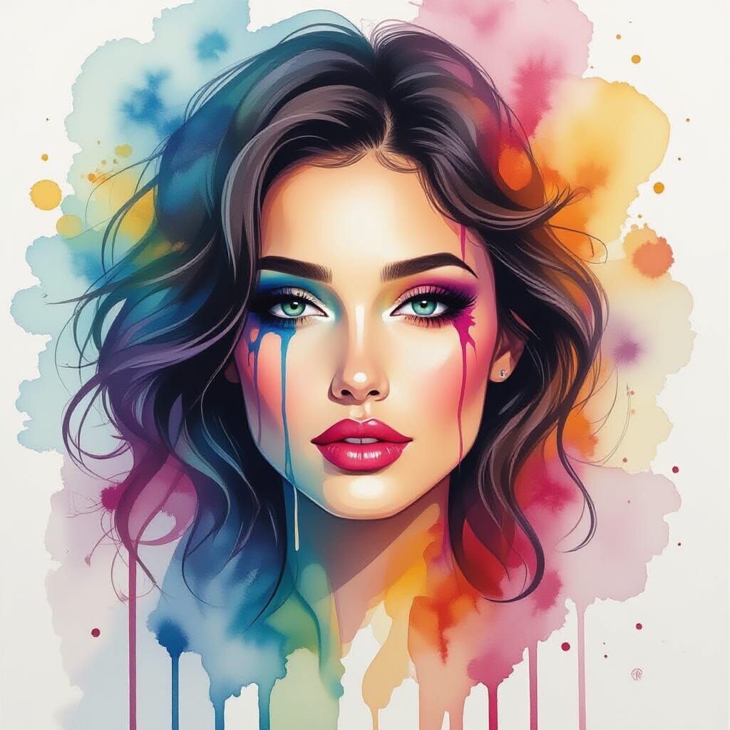 Surreal Woman's Portrait with Dripping Alcohol Ink