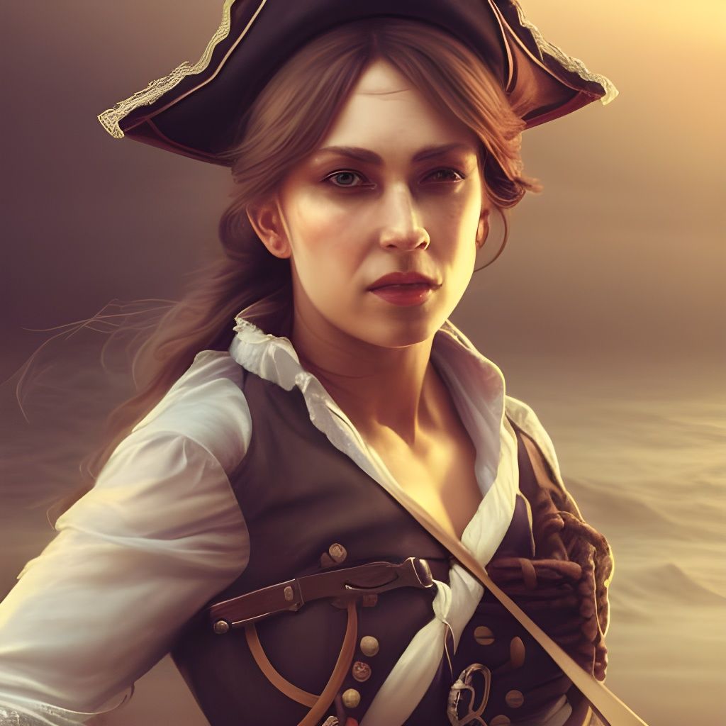 Female Pirate in 19th Century Harbor, Hyperrealistic Art