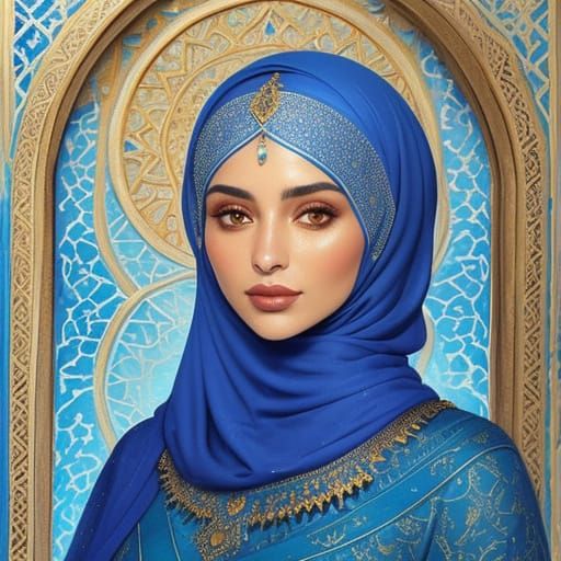 North African Woman in Cobalt Hijab, Watercolor Style