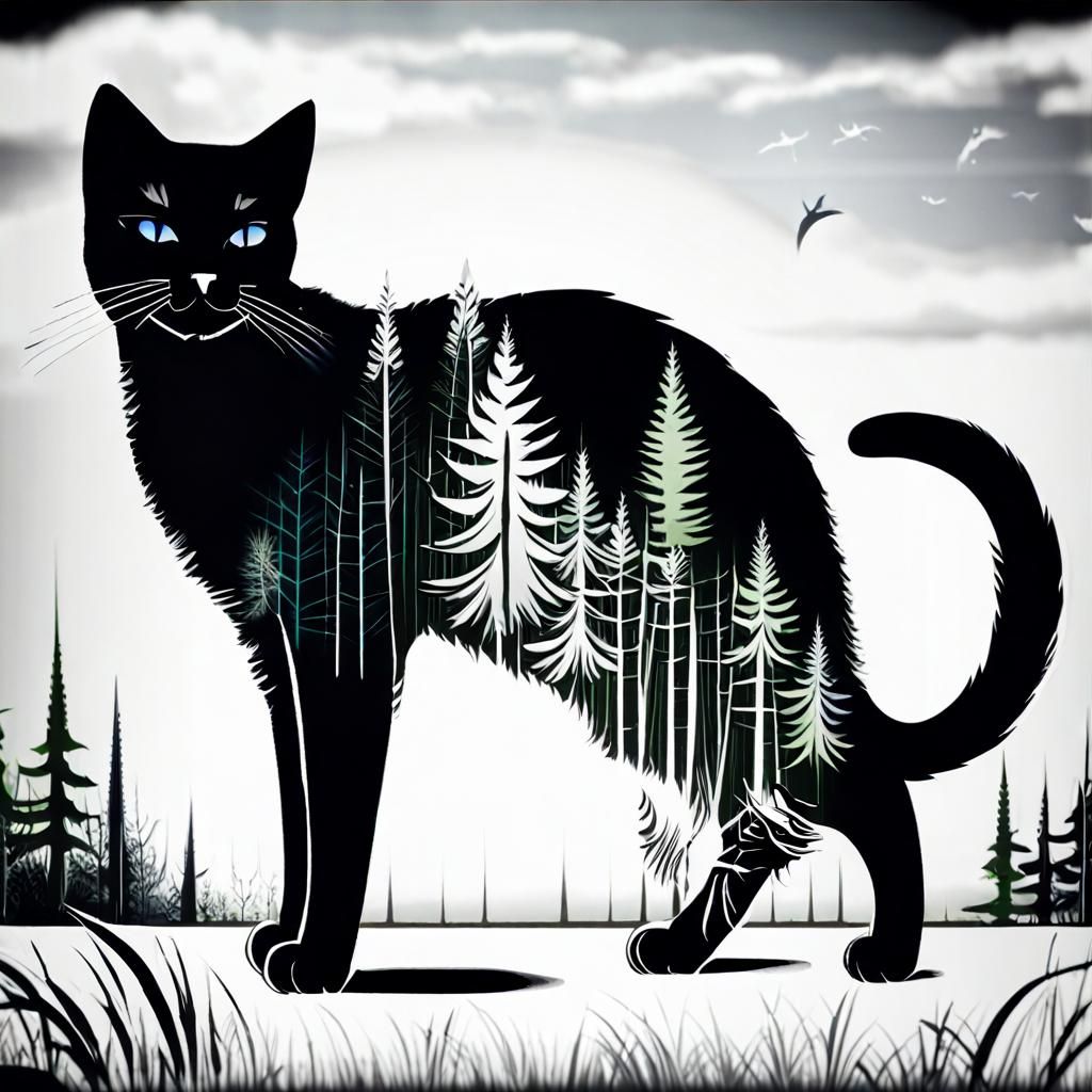 Mystical Black Cat in Forest, Hirano Style