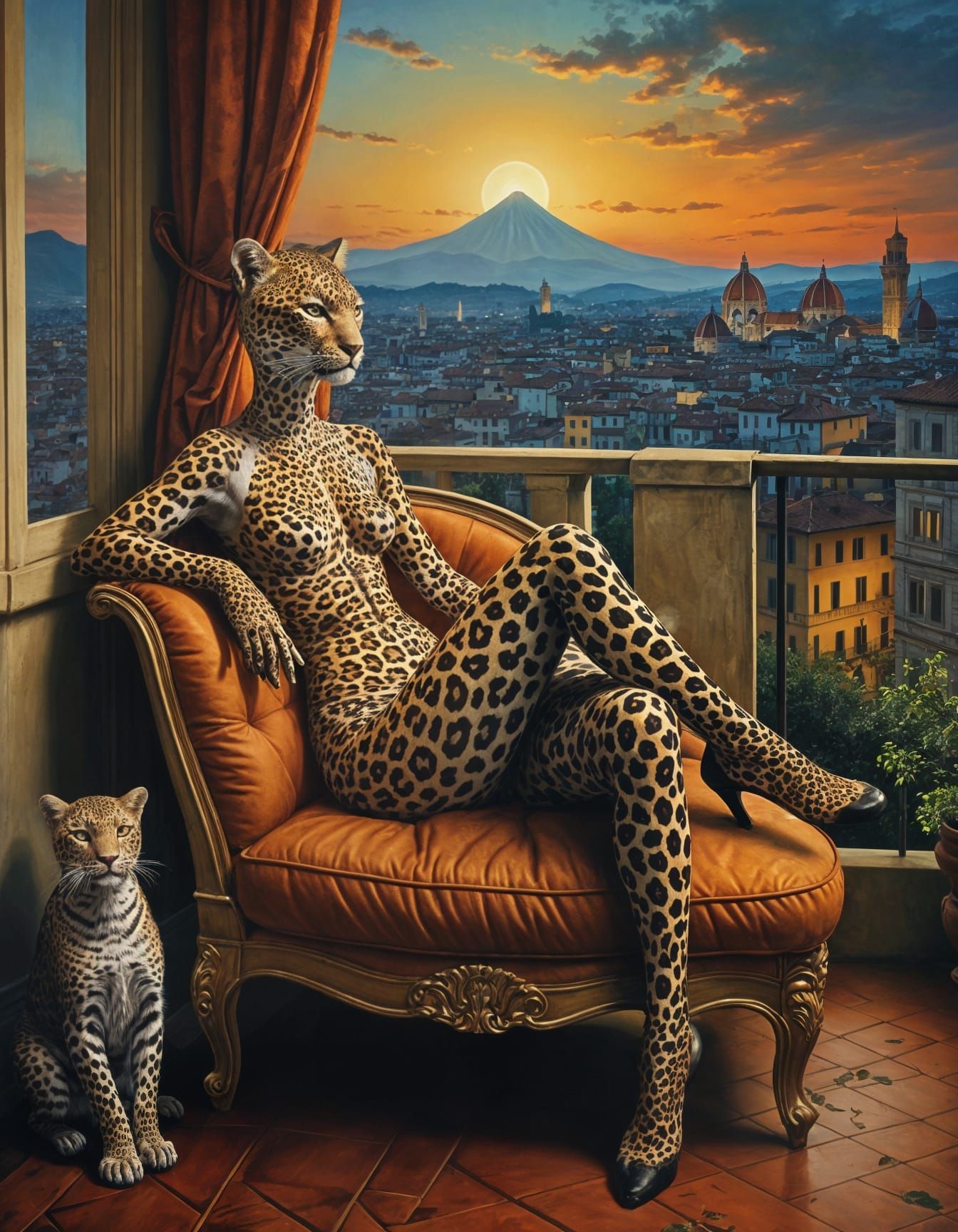 Surreal Oil Painting: Woman with Leopard in Florence